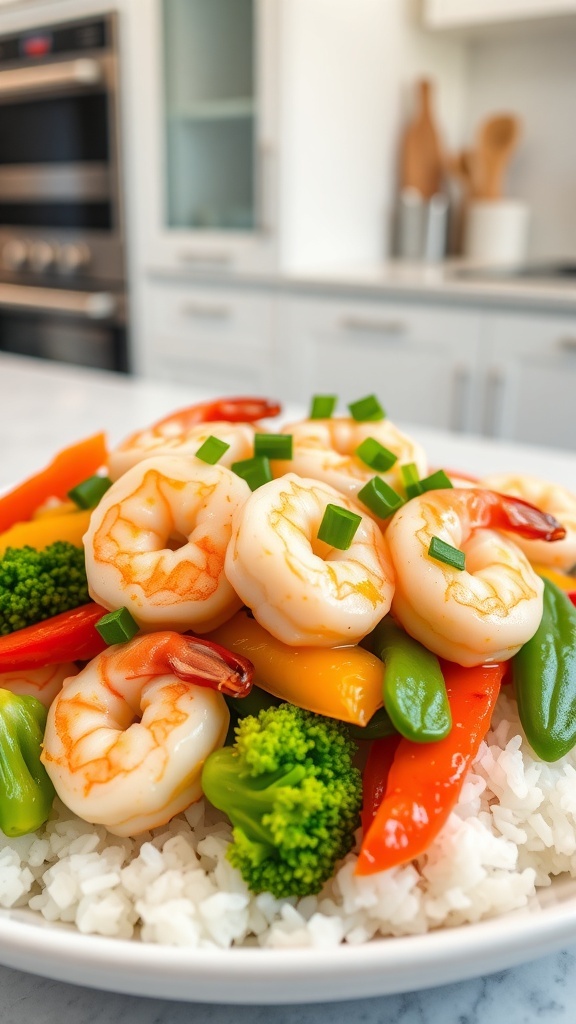 Air Fryer Shrimp and Vegetable Stir-Fry Air fryer shrimp and vegetables served over rice, garnished with green onions.